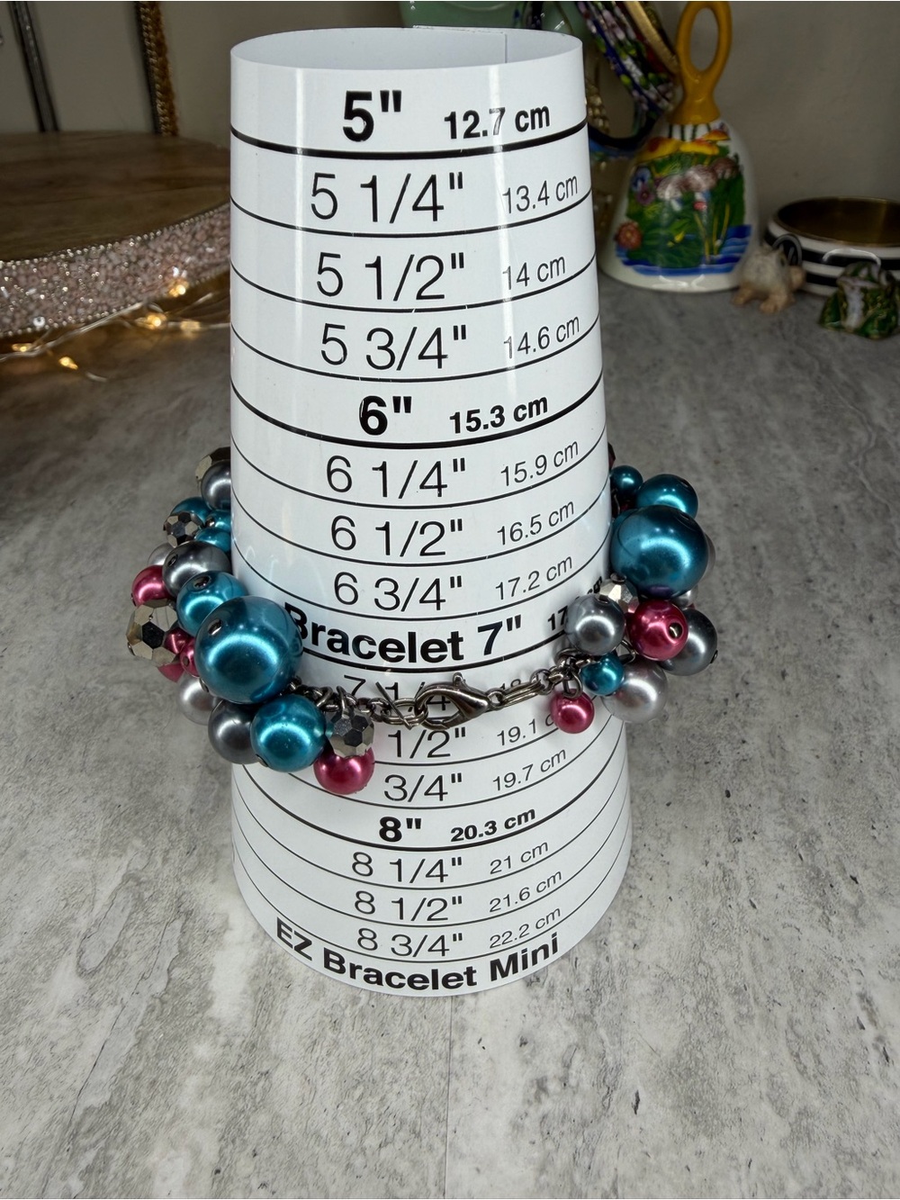 Glass Pearl Crystal Cha Cha Bracelet Pink Gray Teal Size 7 Jewelry - Picture 2 of 3